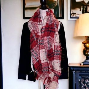 JustFab Red and Pink Acrylic Plaid Fridge Checkered Chunky Oversized Scarf